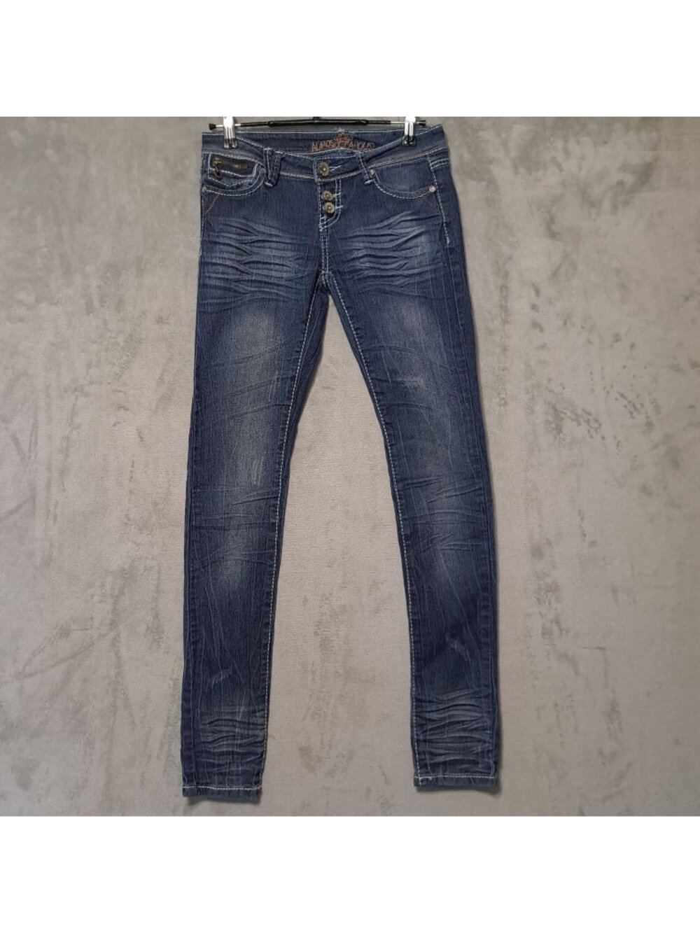 Almost Famous Size 28x30 Skinny Jeans Blue 3 Button Fly Low Rise Distress